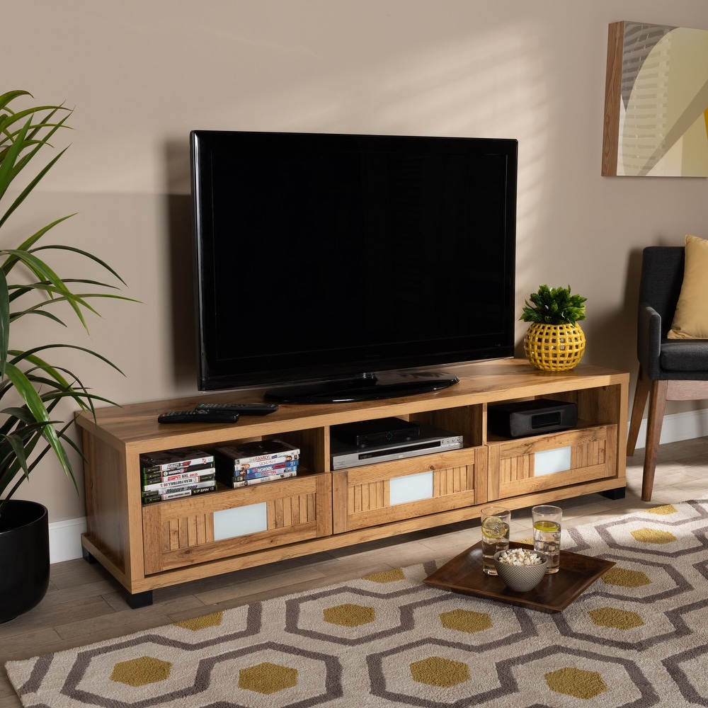 Gerhardine Oak Brown Finished Wood 3 Drawer TV Stand