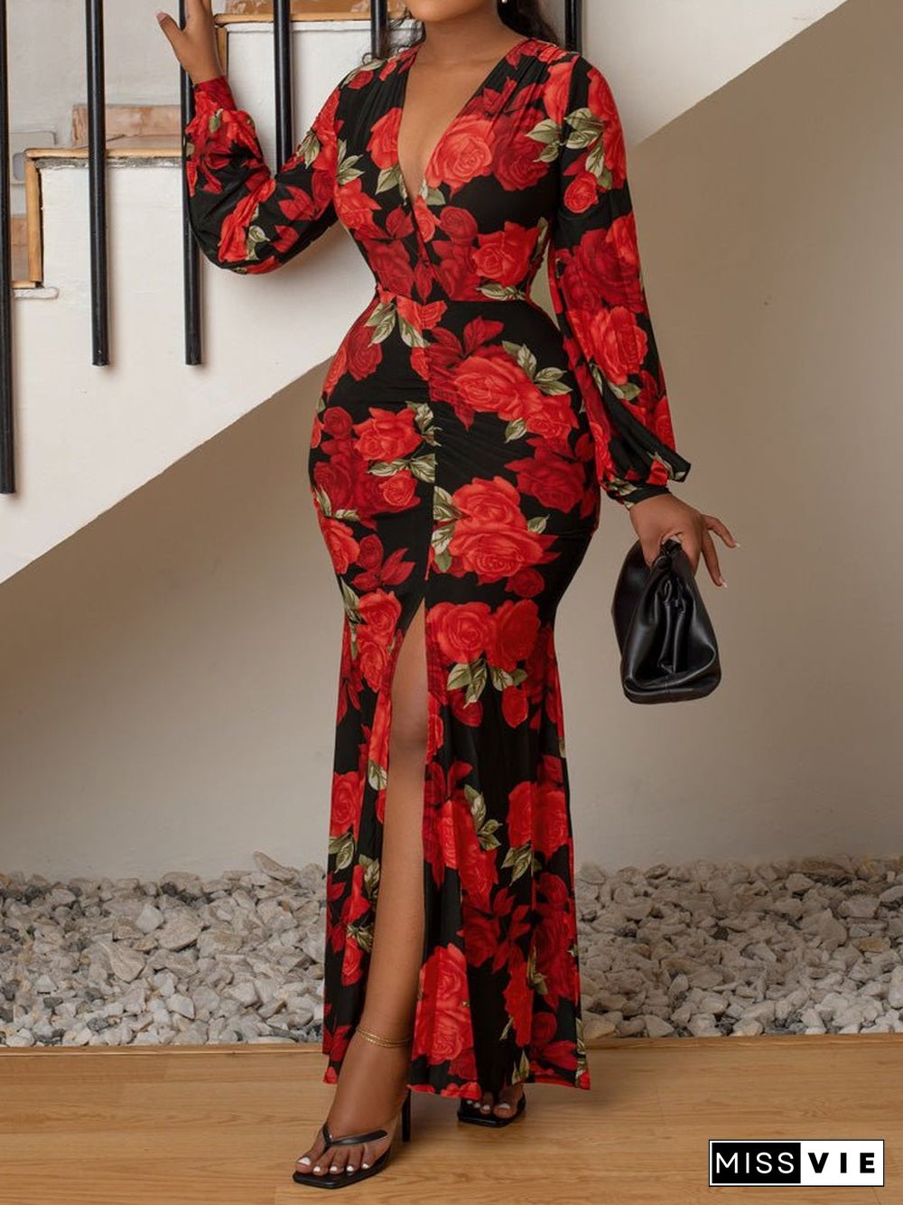 Women'S Dresses Printed V-Neck Long Sleeve Slit Dress