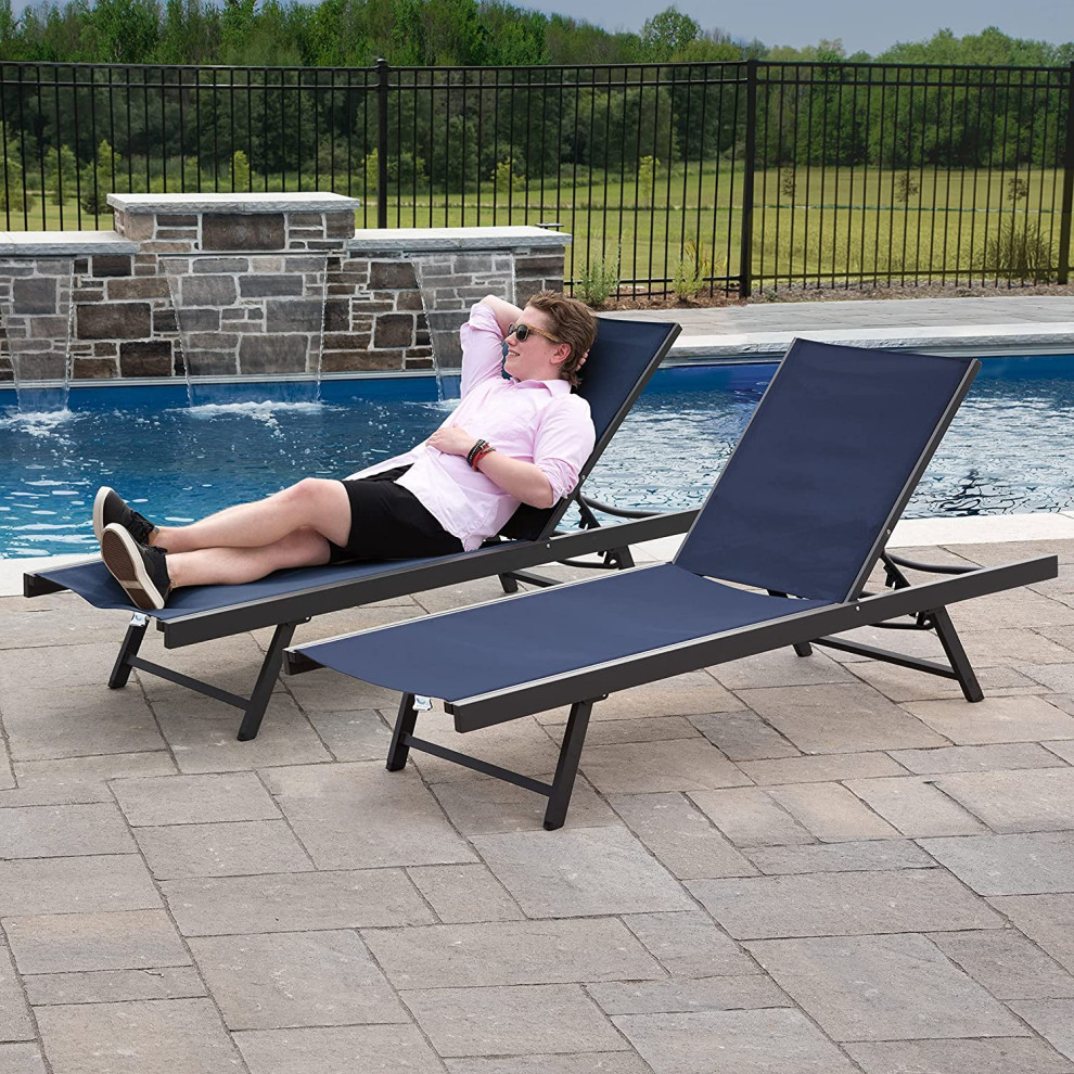 2 Pack Patio Chaise Lounge  Aluminum Frame With Acrylic Mesh Fabric Seat   Transitional   Outdoor Chaise Lounges   by Decor Love  Houzz