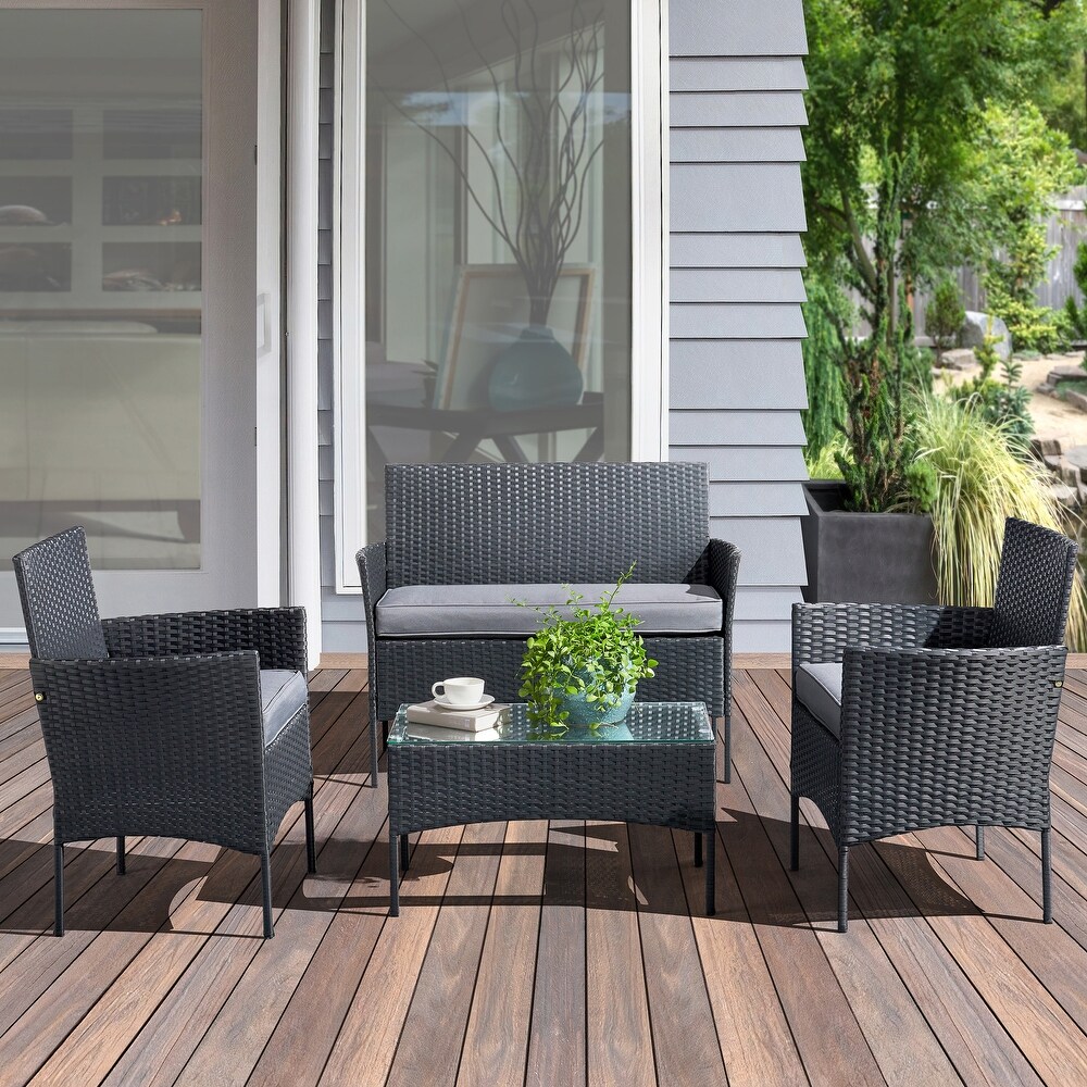 Lavish Home 4 Piece Outdoor Patio Furniture Set Rattan Sofa Combo  Gray