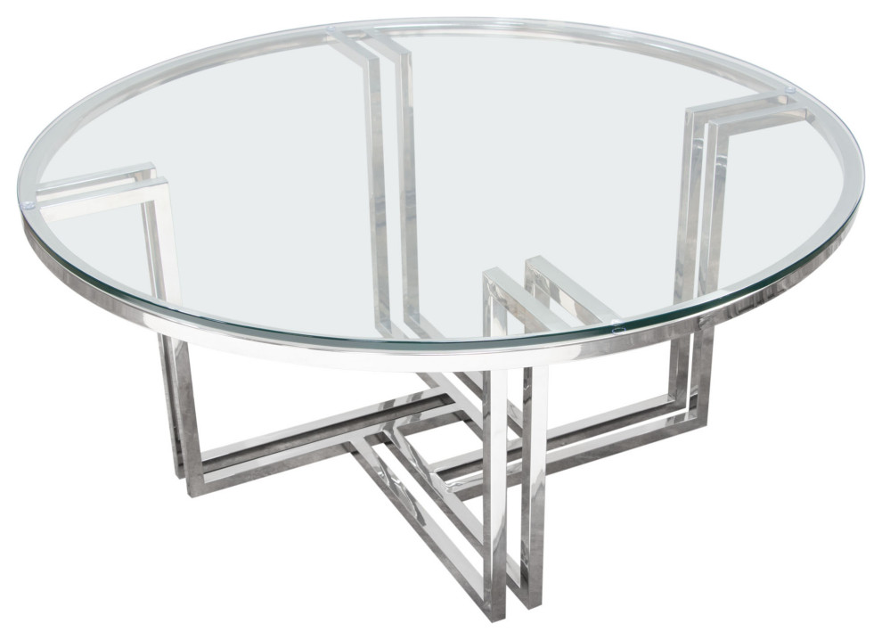 Steel Round Cocktail Table Clear Tempered Glass Top   Contemporary   Coffee Tables   by Sideboards and Things  Houzz