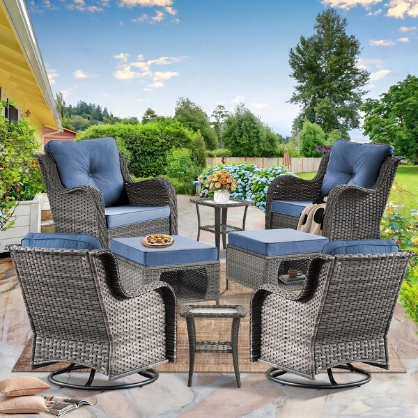 Wicker Patio Furniture Conversation Set with High Back Swivel Chairs and Storage Ottomans，Cushions Included🎃