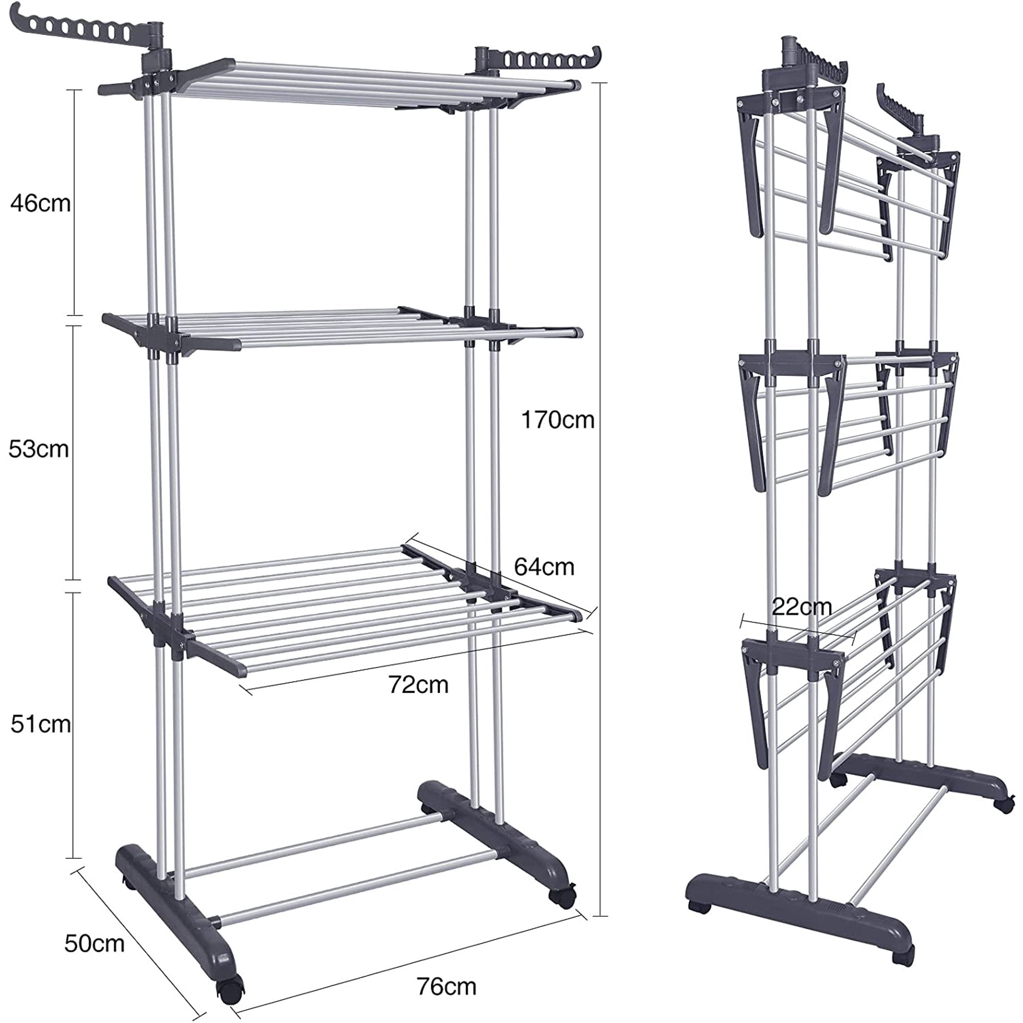 Bigzzia 3 Tiers Clothing Drying Rack,Stainless Steel Shoe Rack with Casters,Shelf for Storage,Stainless Steel Hanging Rods,Removable Drying Rack for Indoor and Outdoor Use,Gray.