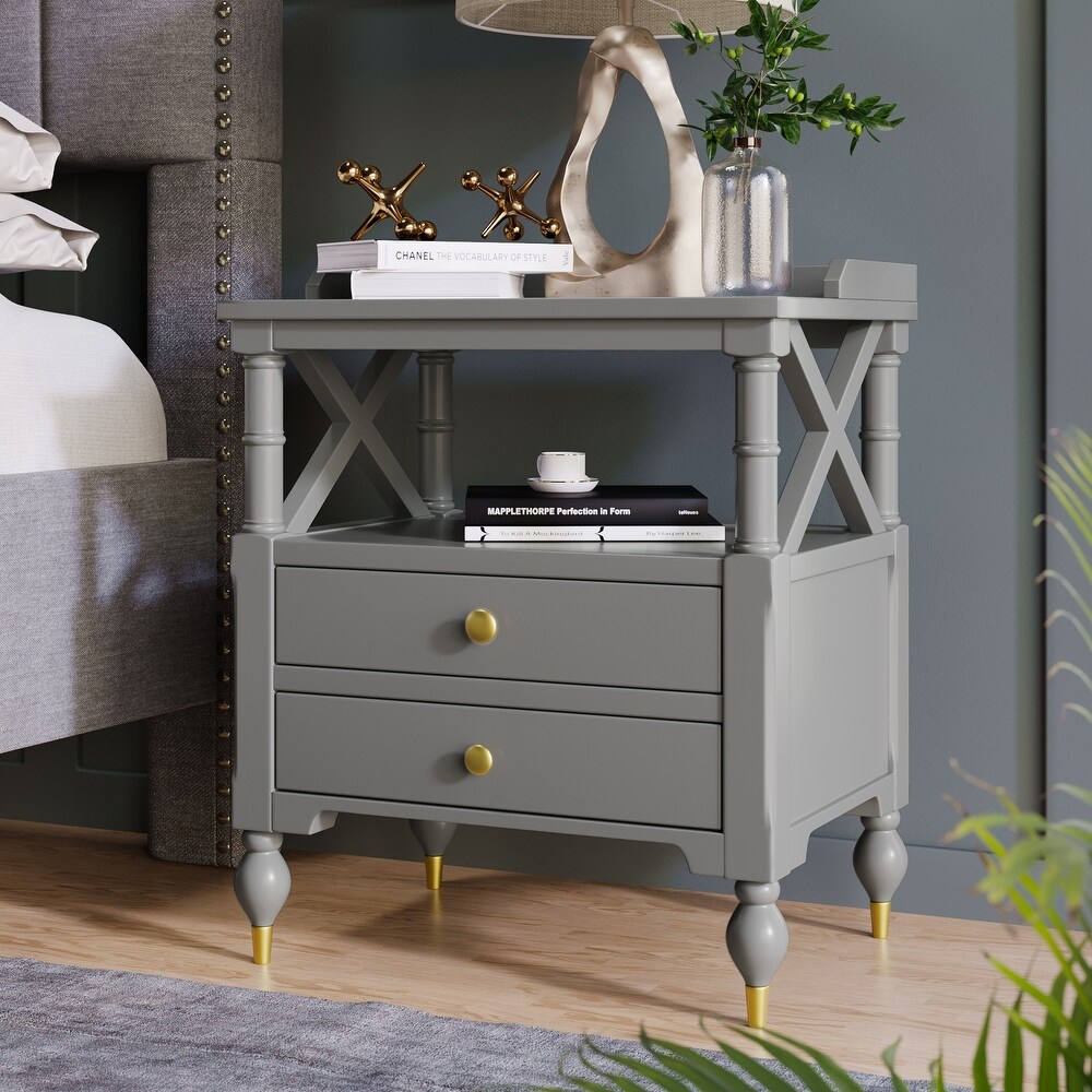 Modern Cherry Wood 2 Drawer Storage Nightstand