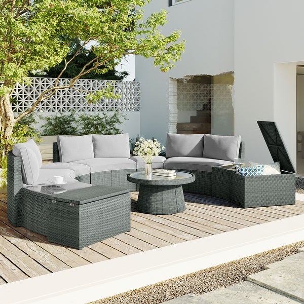 10-Piece Outdoor Half Round Patio Rattan Sectional Sofa， PE Wicker Conversation Set - Overstock - 37543593