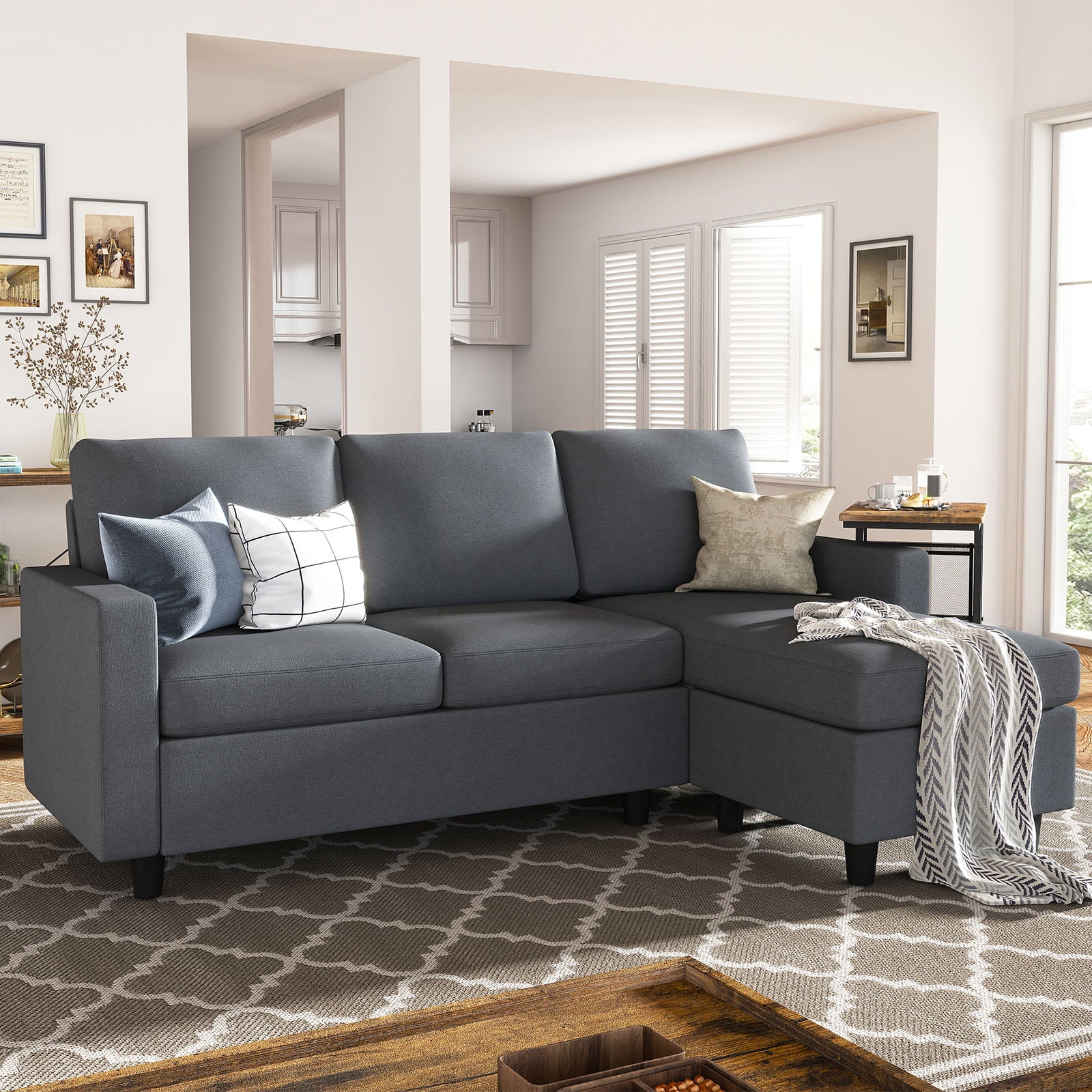 HONBAY Reversible Sectional Apartment Sofa L-Shaped Couch for Living Room, Bluish Gray