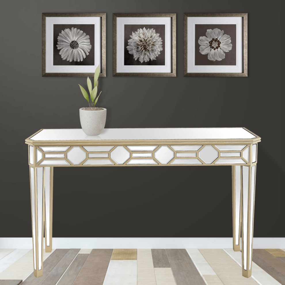 Gold Trimmed Mirrored Console Table   Contemporary   Console Tables   by HomeRoots  Houzz