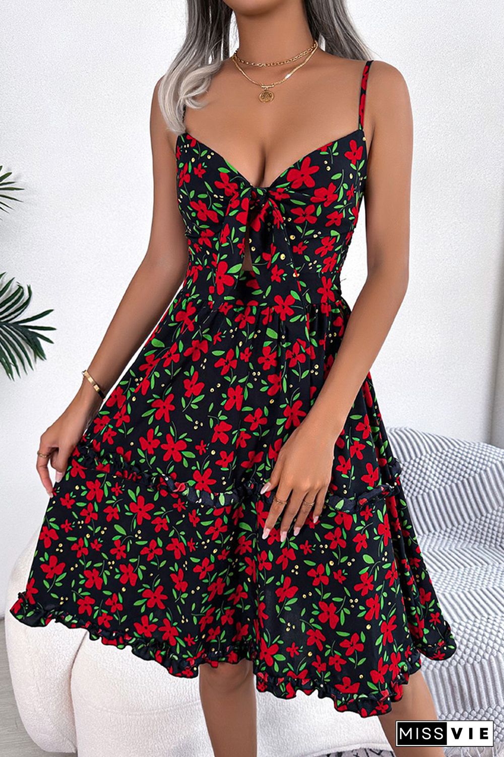 Front Bust Tie Hollow Out Cami Floral Dress