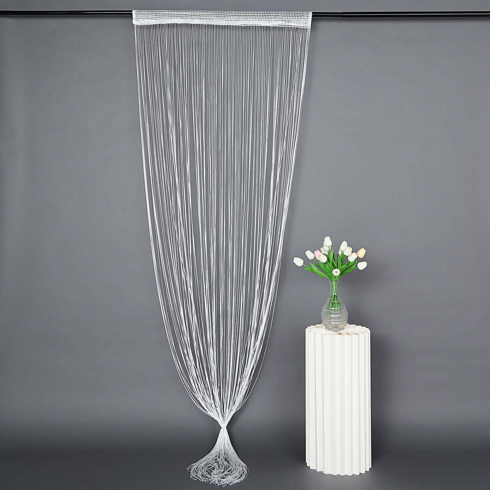 White/Silver Silk Tassel String Curtains, Decorative Room Divider Panels 3ftx8ft