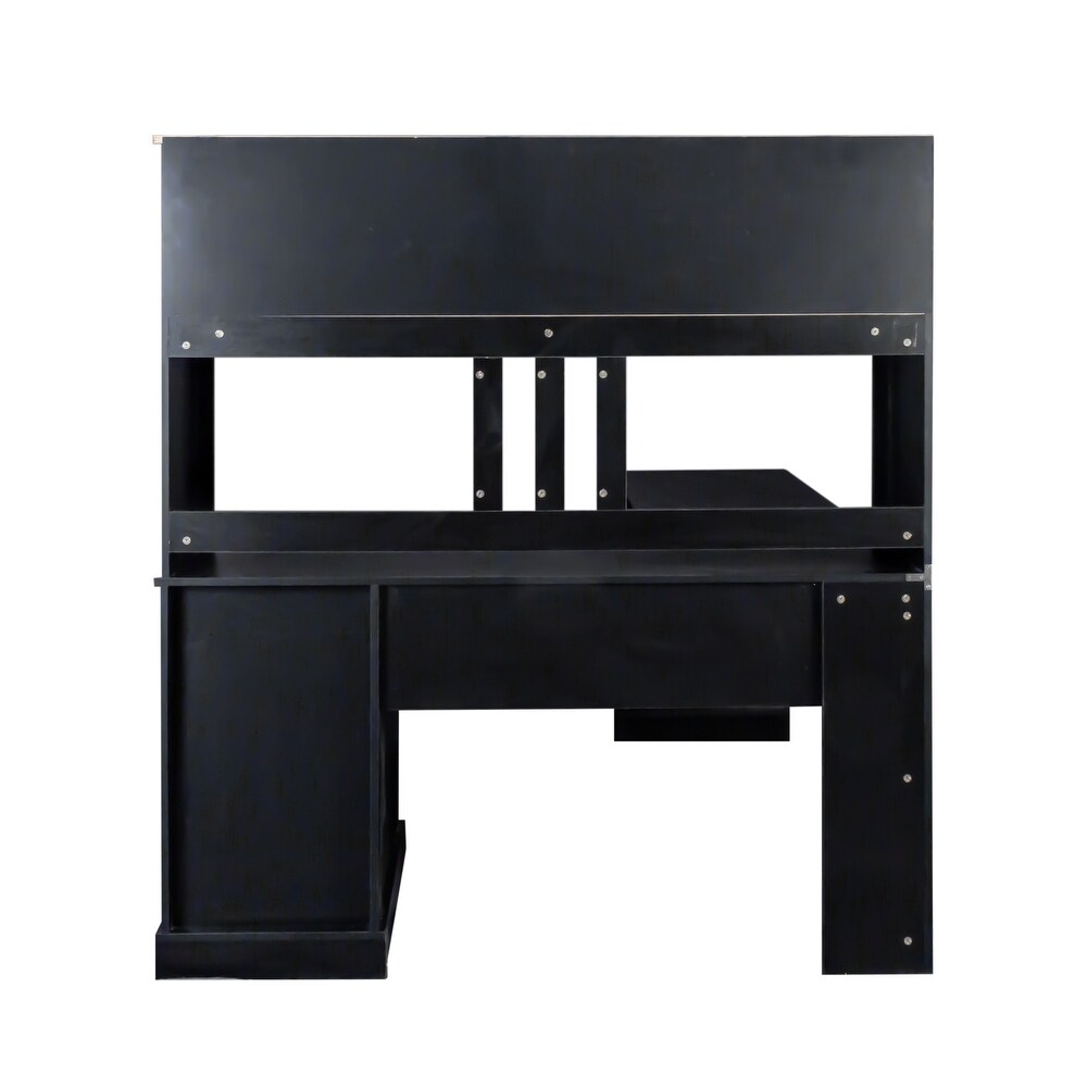 L Shape Home Office Computer Desk with Hutch Study Table with Drawers  Black