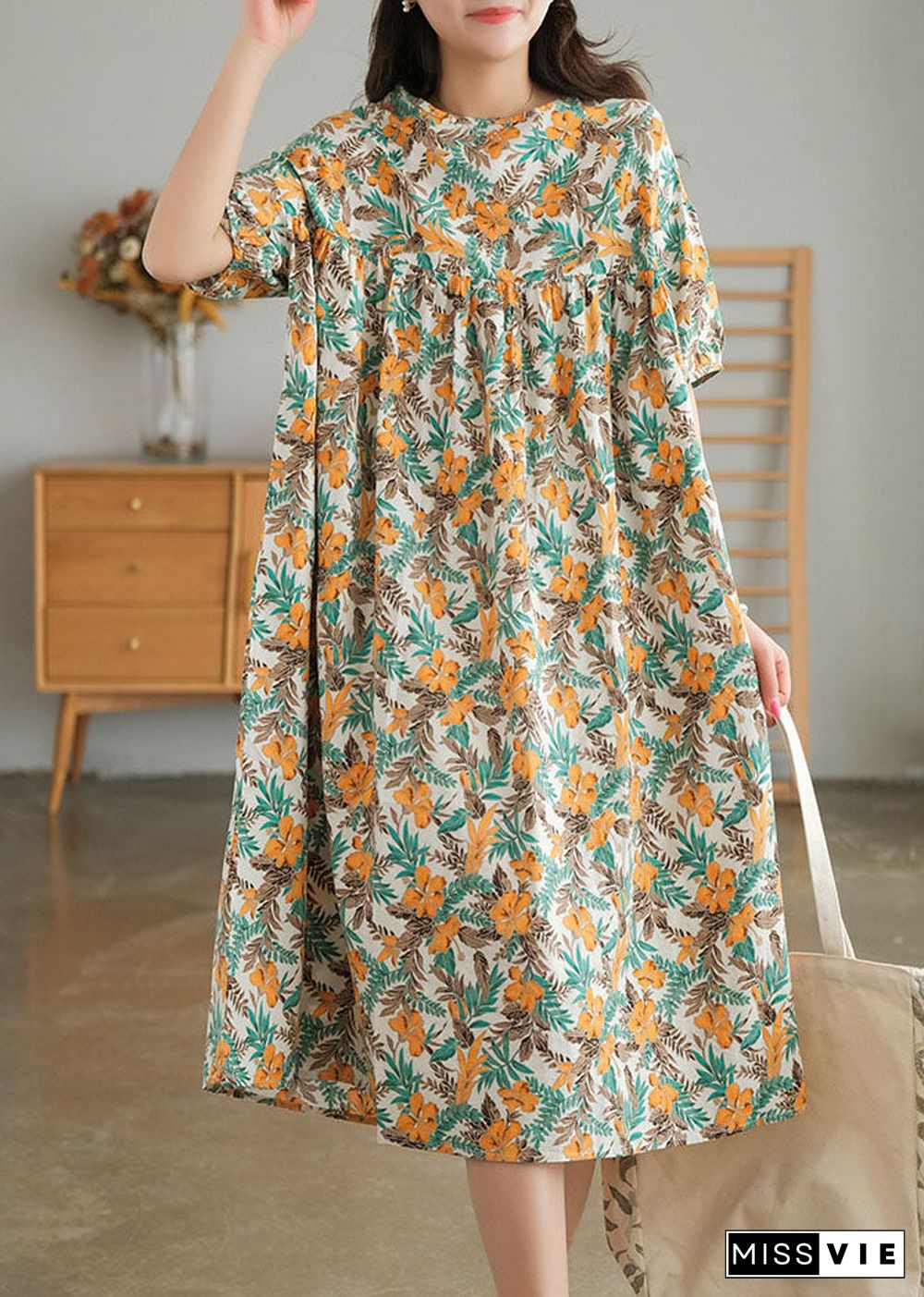 Yellow Print Cotton Vacation Dresses Wrinkled Short Sleeve