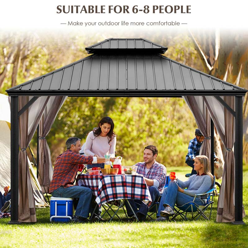 12 x 10 FT Hardtop Gazebo with Netting & Central Hook, 2-Tier Outdoor Patio Metal Gazebo Canopy Tent