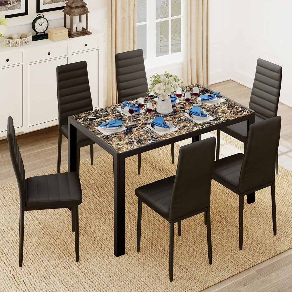 7 Piece Glass Dining Table Set for 6 with High Back PU Leather Chairs