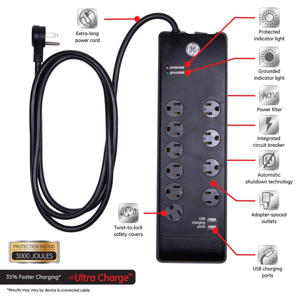 GE 10-Outlet 2 USB Port Premium Surge Protector 14096