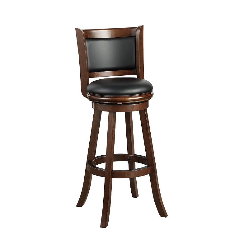 Pio 34 Inch Extra Tall Swivel Bar Stool， Wood， Faux Leather， Espresso Brown