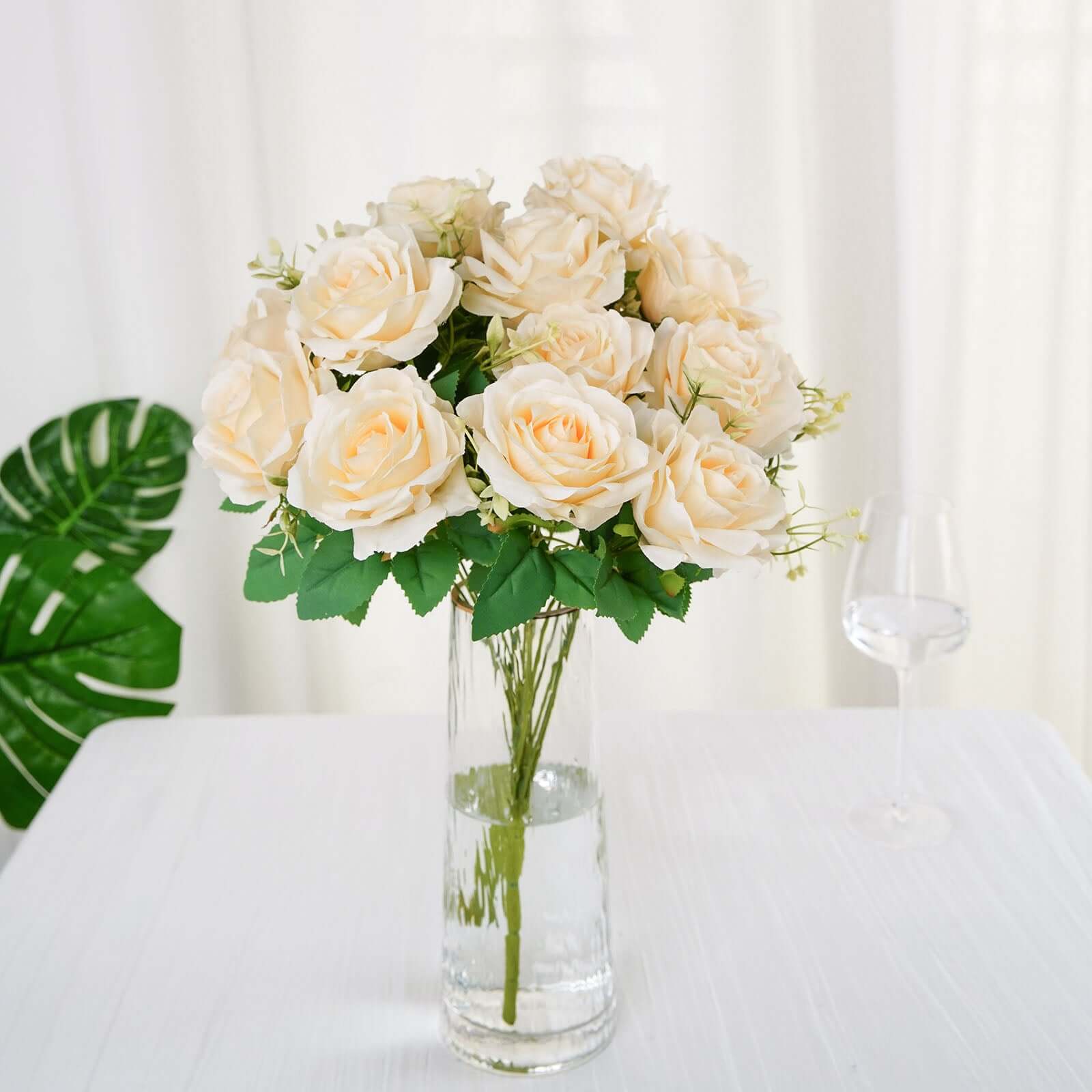 2 Bushes Cream Artificial Silk Rose Flower Arrangements, Real Touch Long Stem Flower Bouquet 18