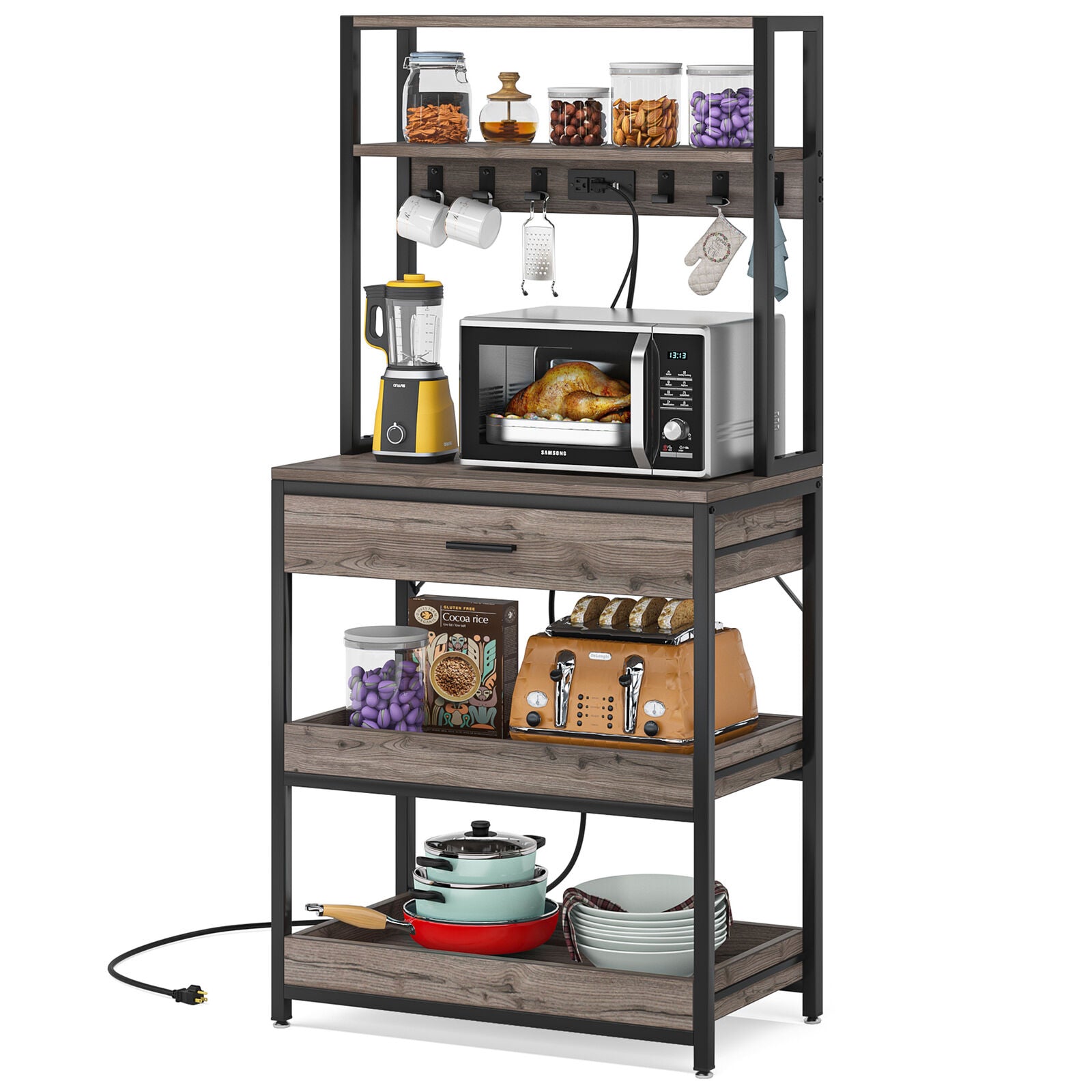 Tribesigns Kitchen Bakers Rack with Power Outlets and Drawer， 5 Tier Microwave Oven Stand with Sliding Shelves and Hooks， Grey