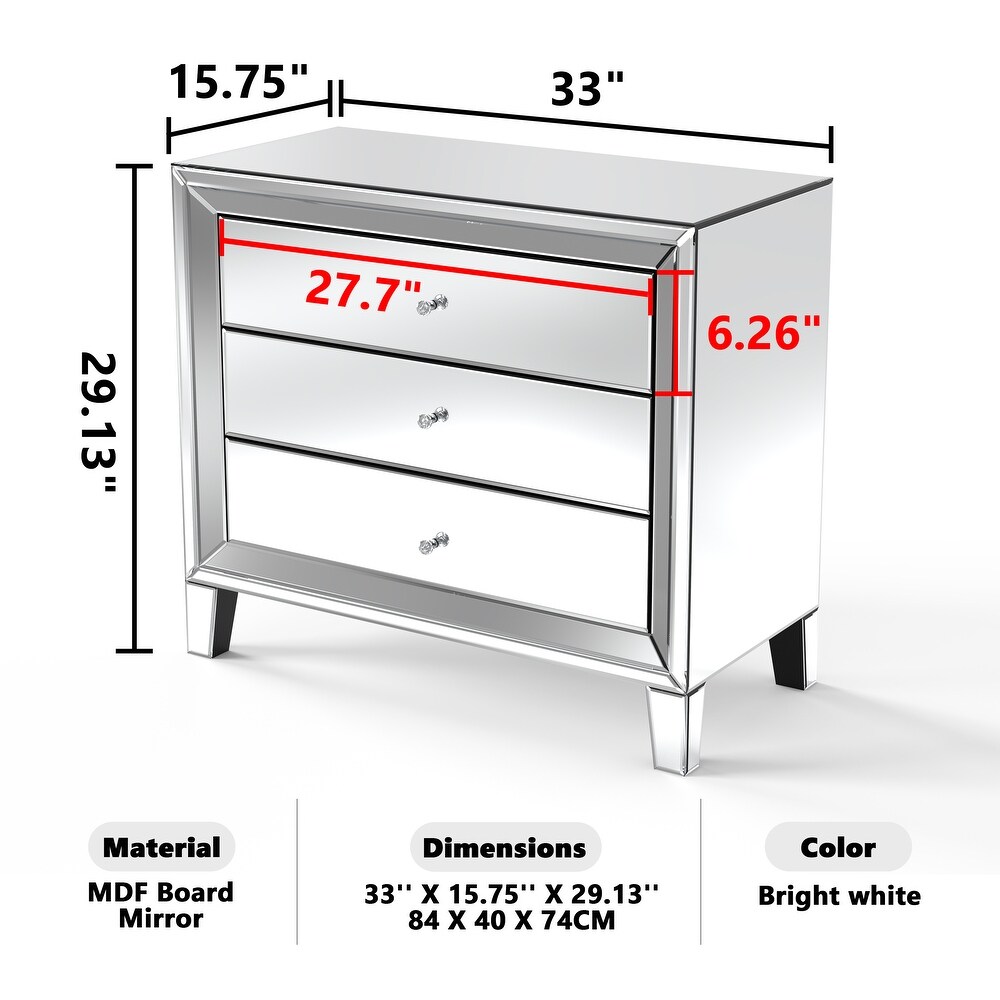 Glam Mirror Nightstand Bedside Table with 3 Drawer Chest