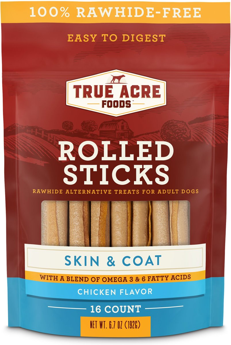 True Acre Foods Rawhide-Free Rolled Sticks， Skin and Coat Chicken Flavor Treats， 16 count