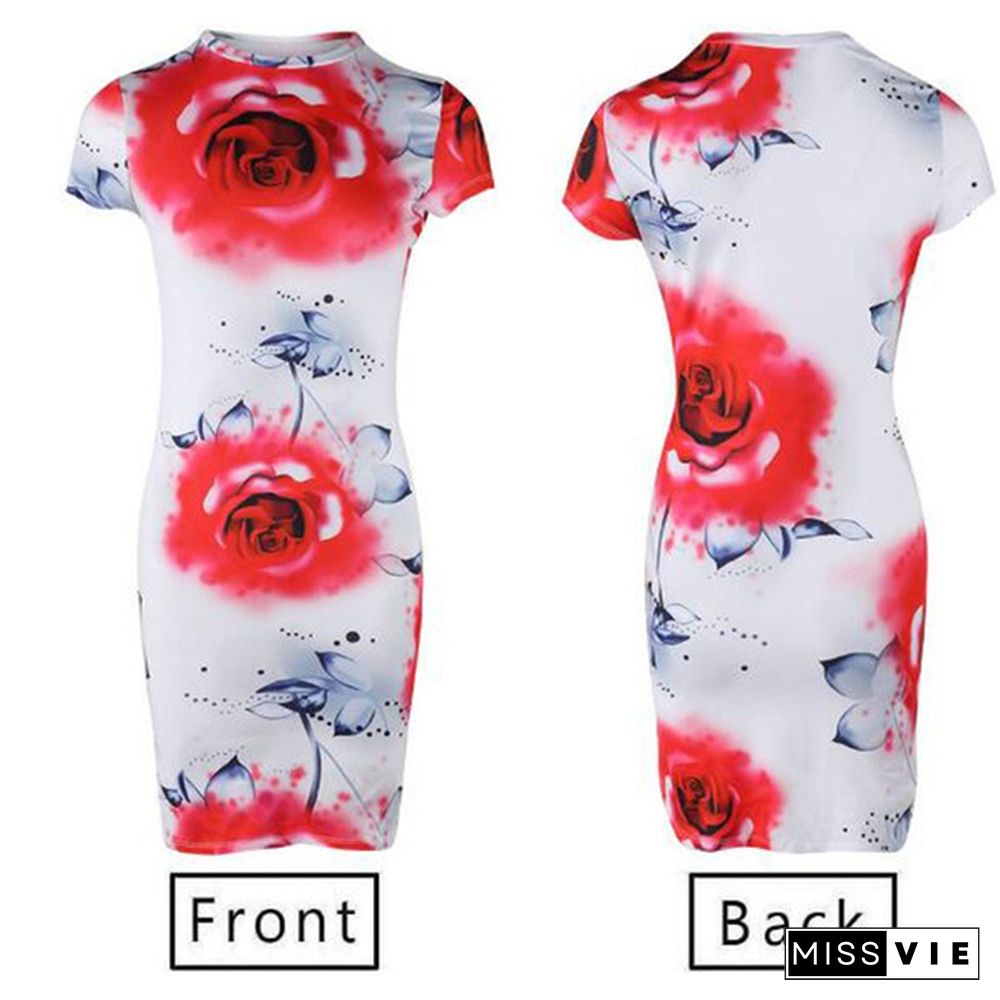 Hot Summer Elegant Floral Print Bodycon Short Sleeve O neck Causal Dress