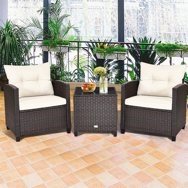 3 Pcs Rattan Patio Conversation Set Outdoor Wicker Sofa Set with Washable Cushions & Coffee Table