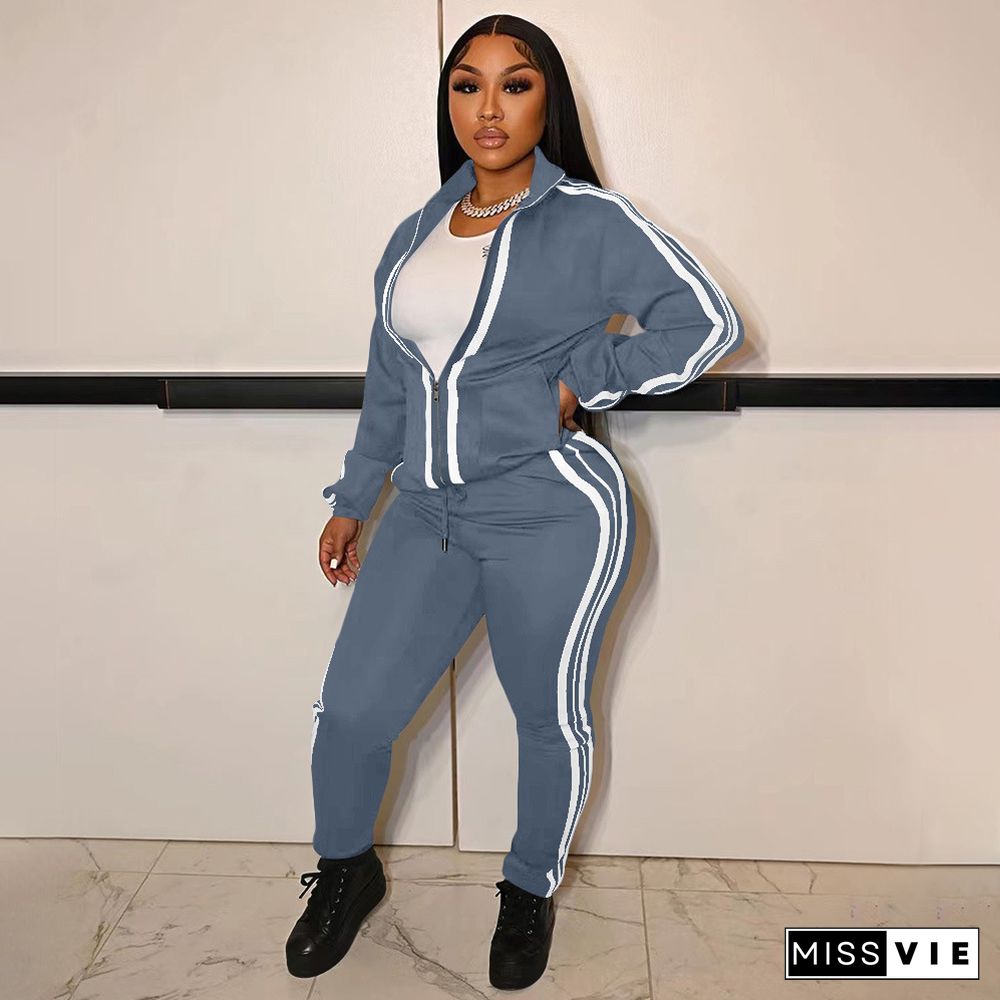 Side Striped Zip Sporty Jacket Two Piece Pants Set