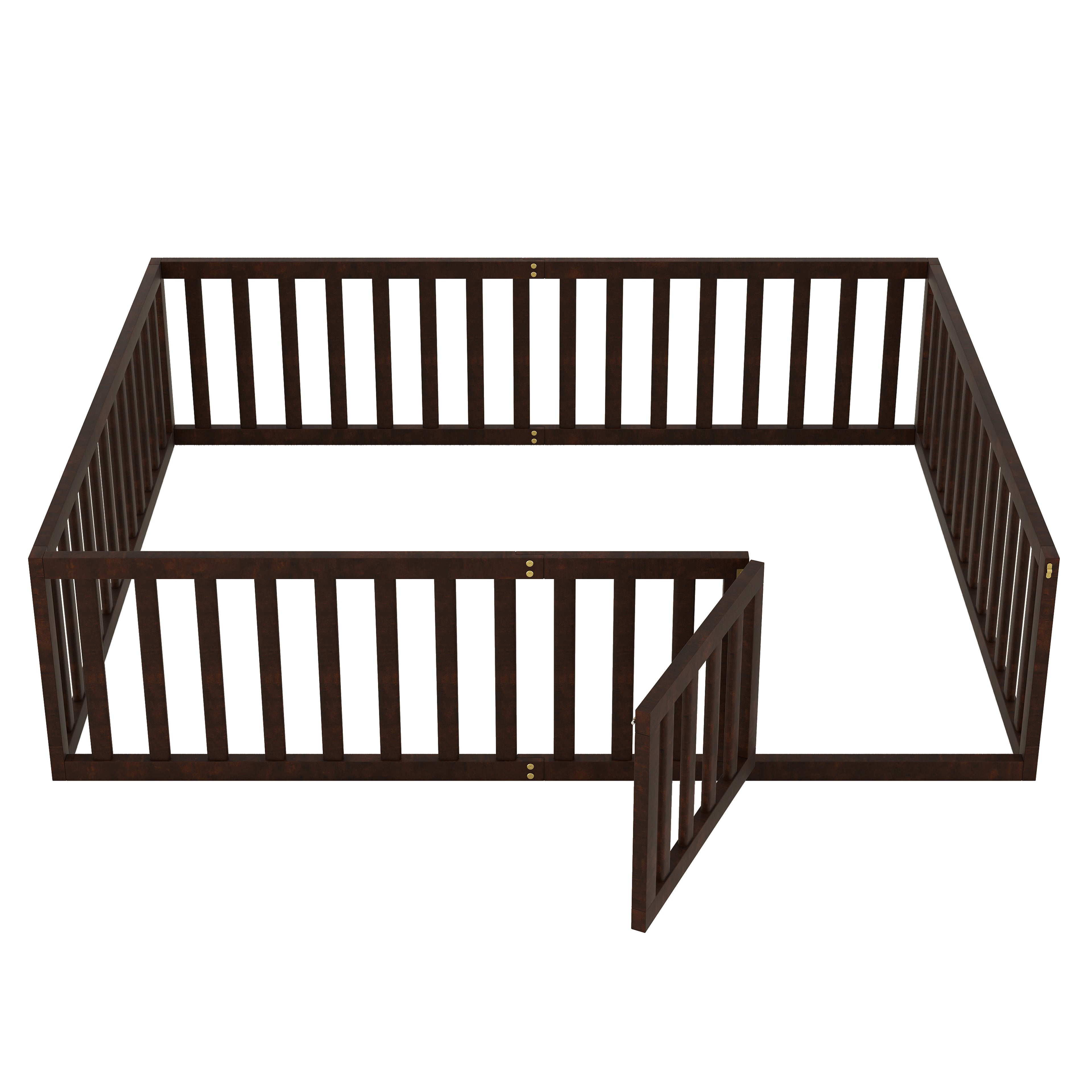 uhomepro Queen Floor Bed Frame for Toddlers, Floor Kids Bed with Fence and Door, Low Wood Beds for Girls Boys, Walnut