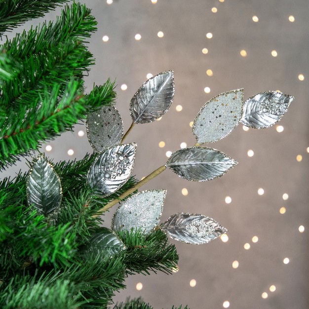 Platinum Silver And Icy Glitter Leaves Christmas Spray