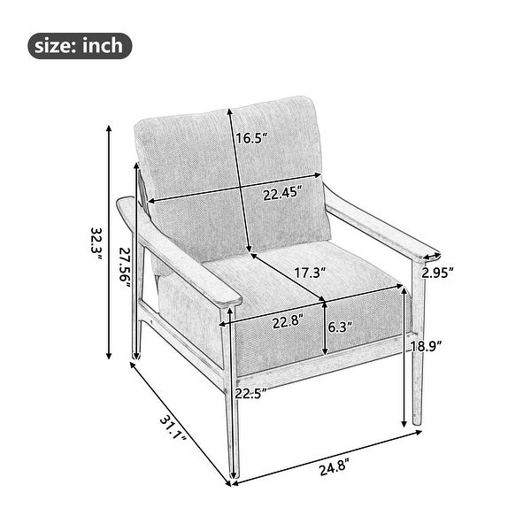 Mid Century Modern Chair with Solid Wood Frame，Arm Chair with Vertical Slatted Back，Thick Pad Upholstered Accent Chair