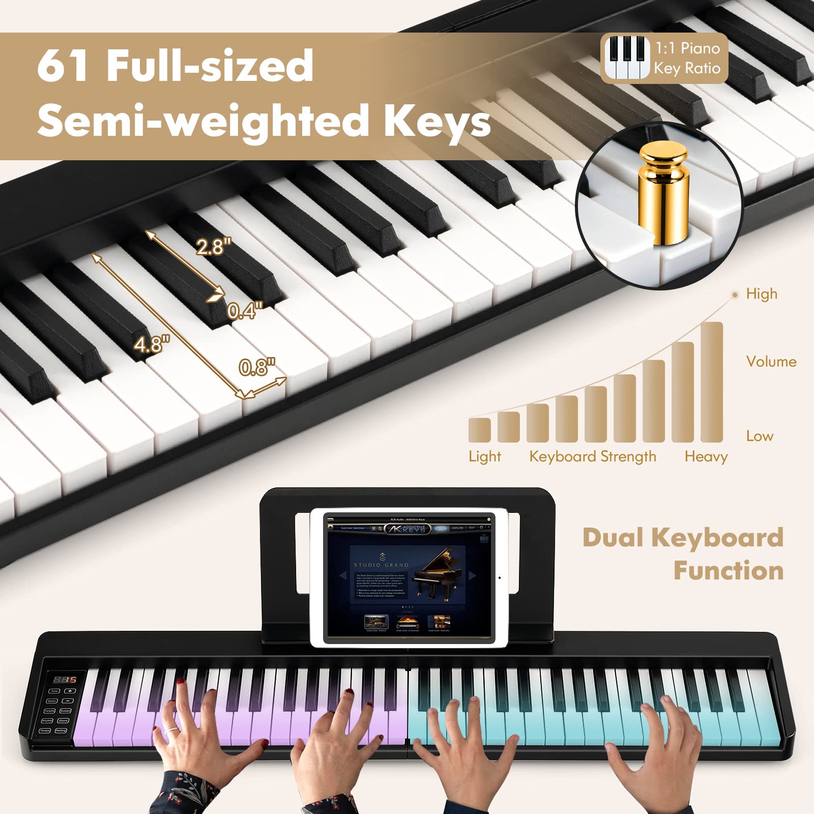 Costzon 61-Key Folding Piano Keyboard, Portable Electric Piano w/Full Size Keys (Black)