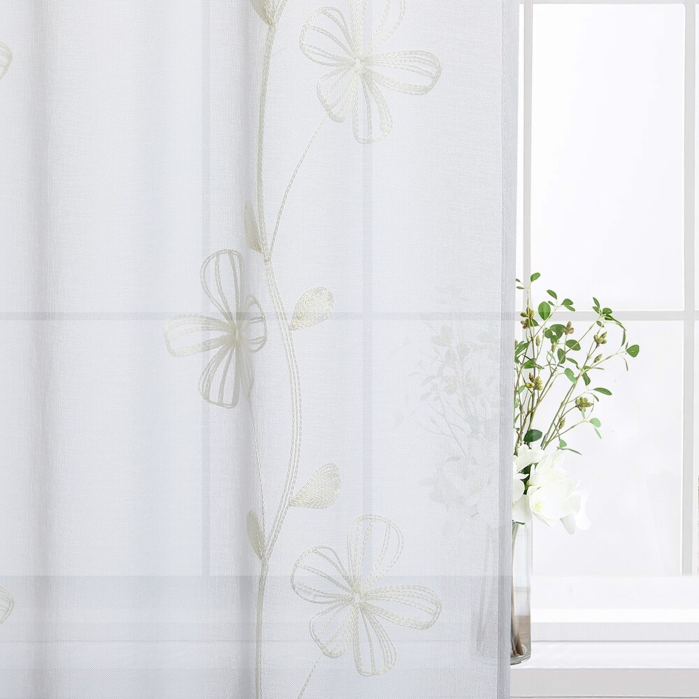 Sheer Kitchen Tier Curtains  Floral Embroidered Semi Sheer Short Curtain