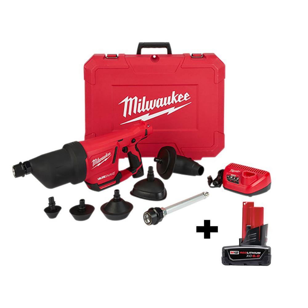 MW M12 12V Lithium-Ion Cordless Drain Cleaning Airsnake Air Gun Kit with 6.0 Ah Battery 2572B-21-48-11-2460