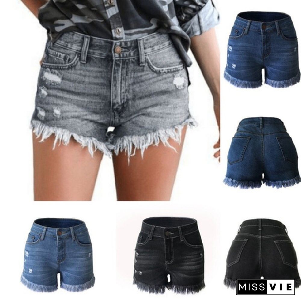 Fashion Women Summer Tassel Denim Shorts High Waist Jeans Short Ladies Skinny Slim Short Pants