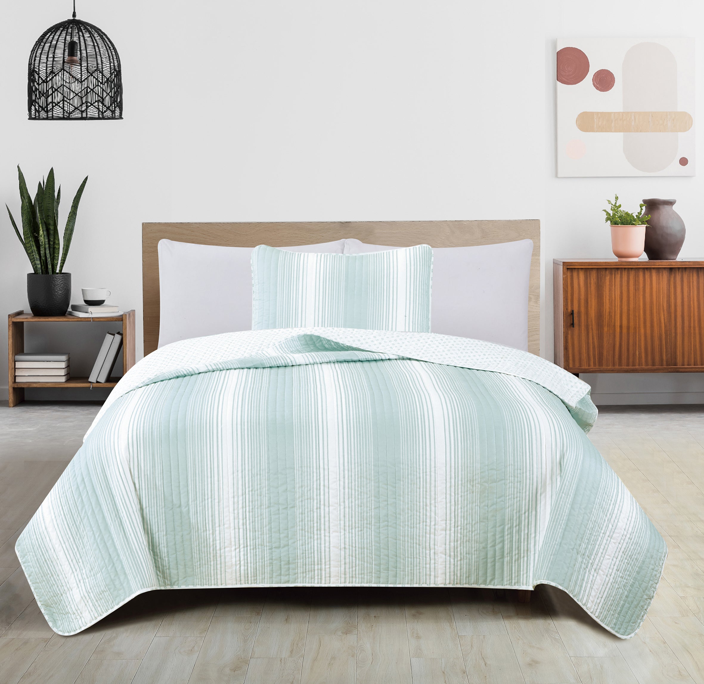 Great Bay Home Stripe Reversible Reversible Quilt Set With Shams  (Twin， Everette - Seafoam Blue)