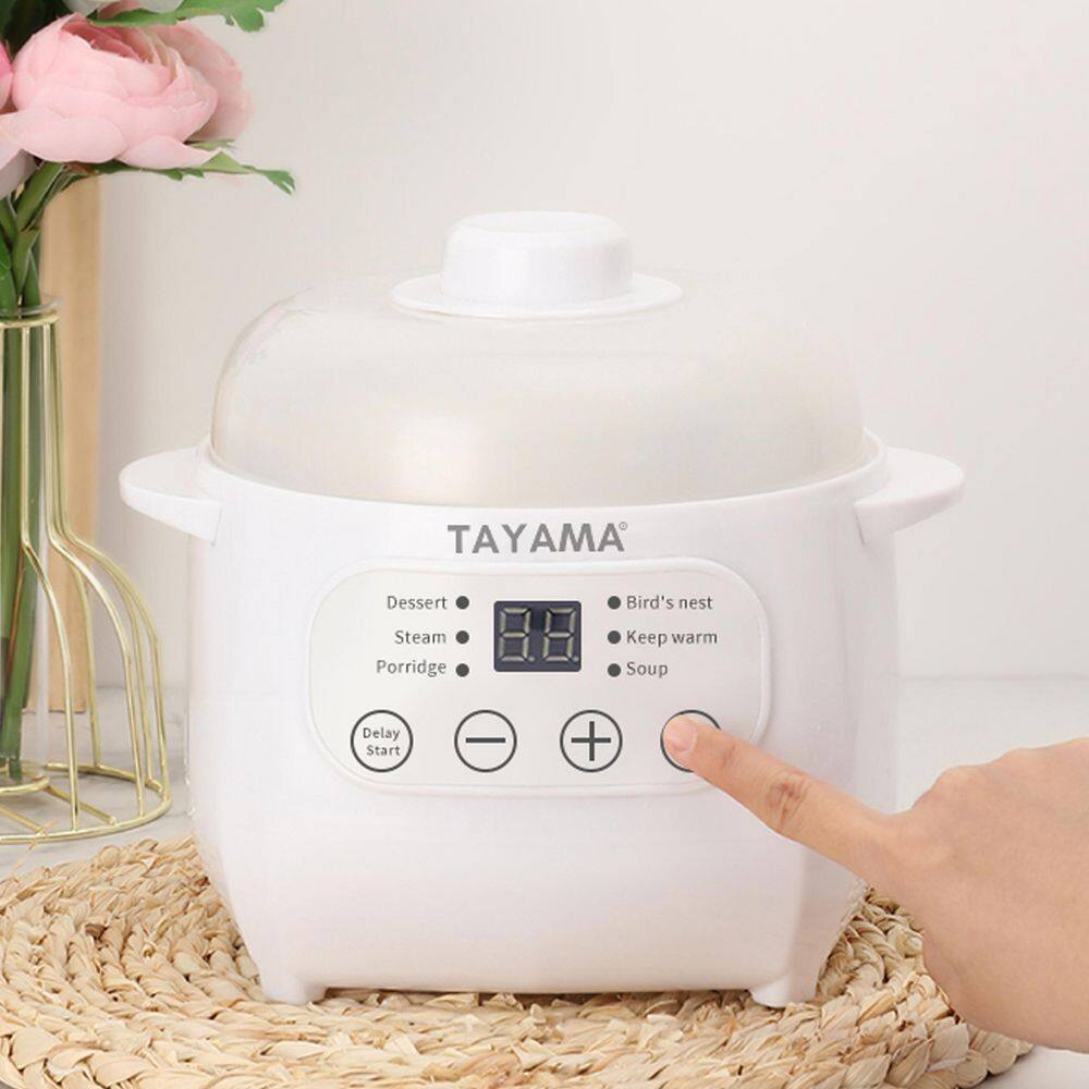 Tayama 1 qt. White Mini Ceramic Stew Slow Cooker with Pre-Settings and Built-In Timer TSP-100