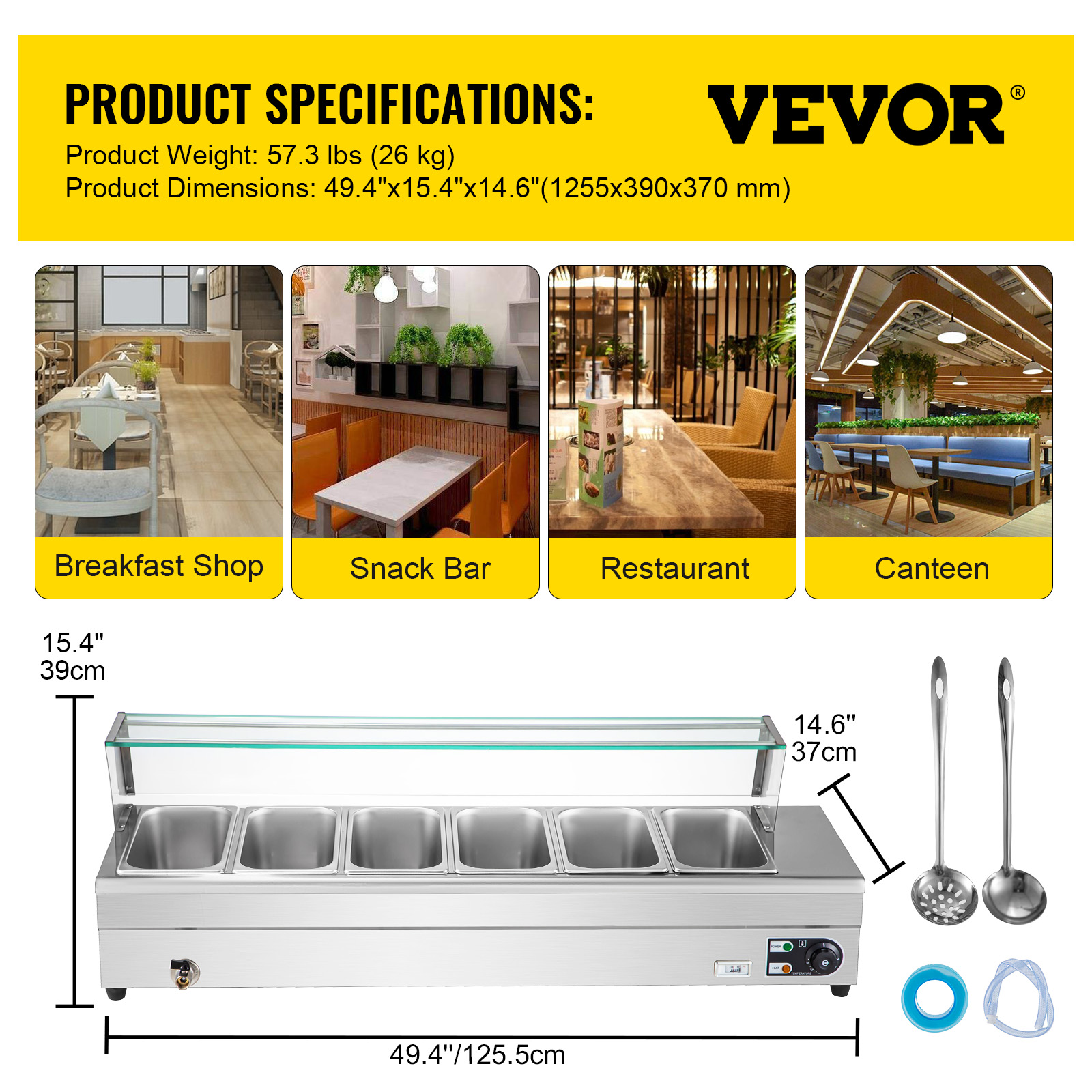 VEVORbrand 6-Pan Bain Marie Food Warmer 6-inch Deep， 1500W Electric Countertop Food Warmer 42 Quartz with Tempered Glass Shield with 6 Lids and 2 Ladles