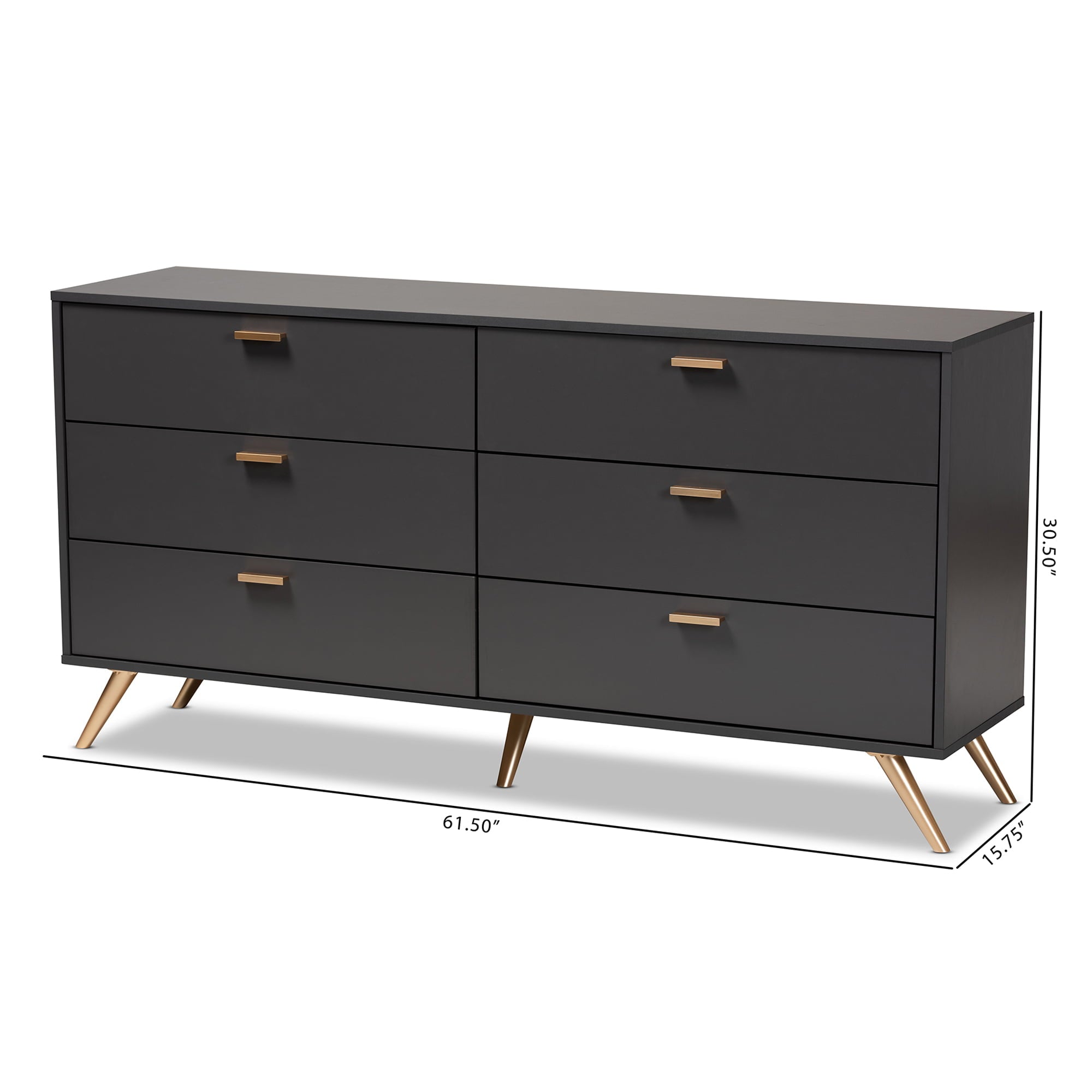 Baxton Studio Kelson Modern and Contemporary Dark Grey and Gold Finished Wood 6-Drawer Dresser