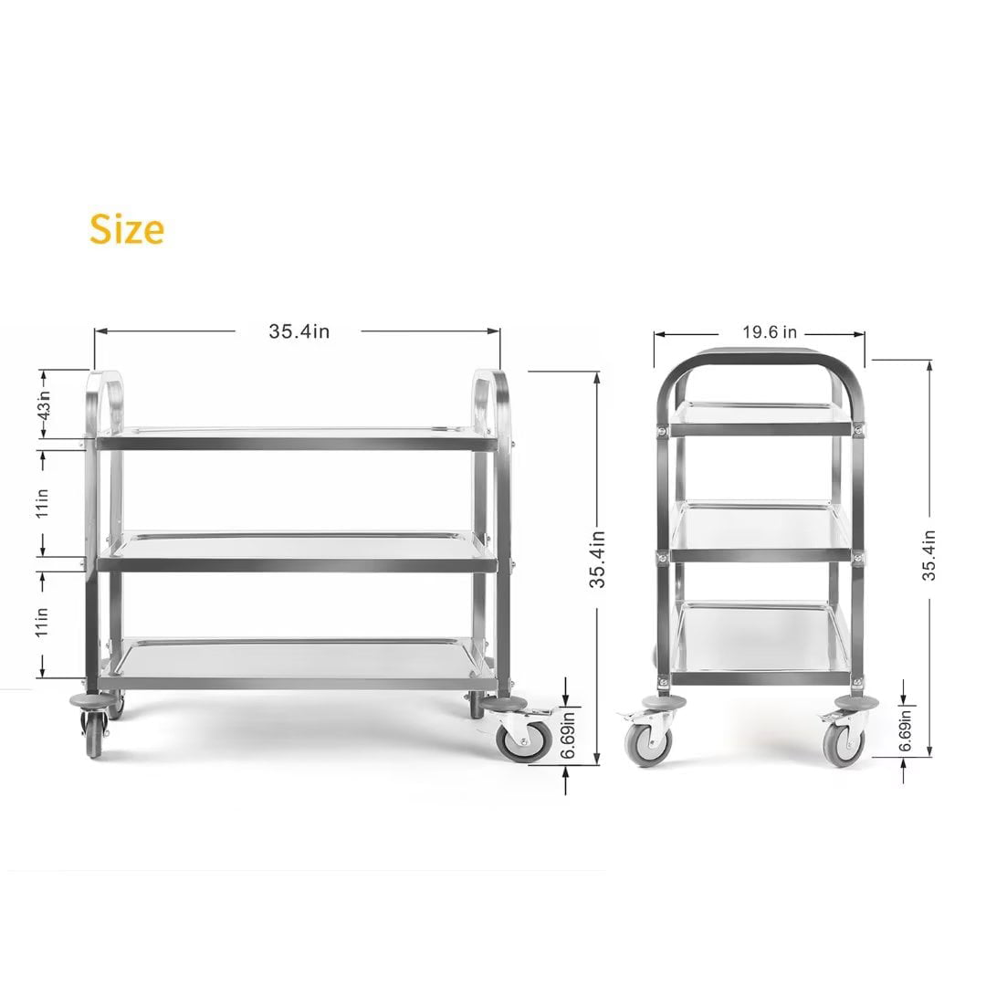 Nisorpa 3 Tier Stainless Steel Utility Rolling Cart Catering Trolley， BBQ， Summer Party， 37.4