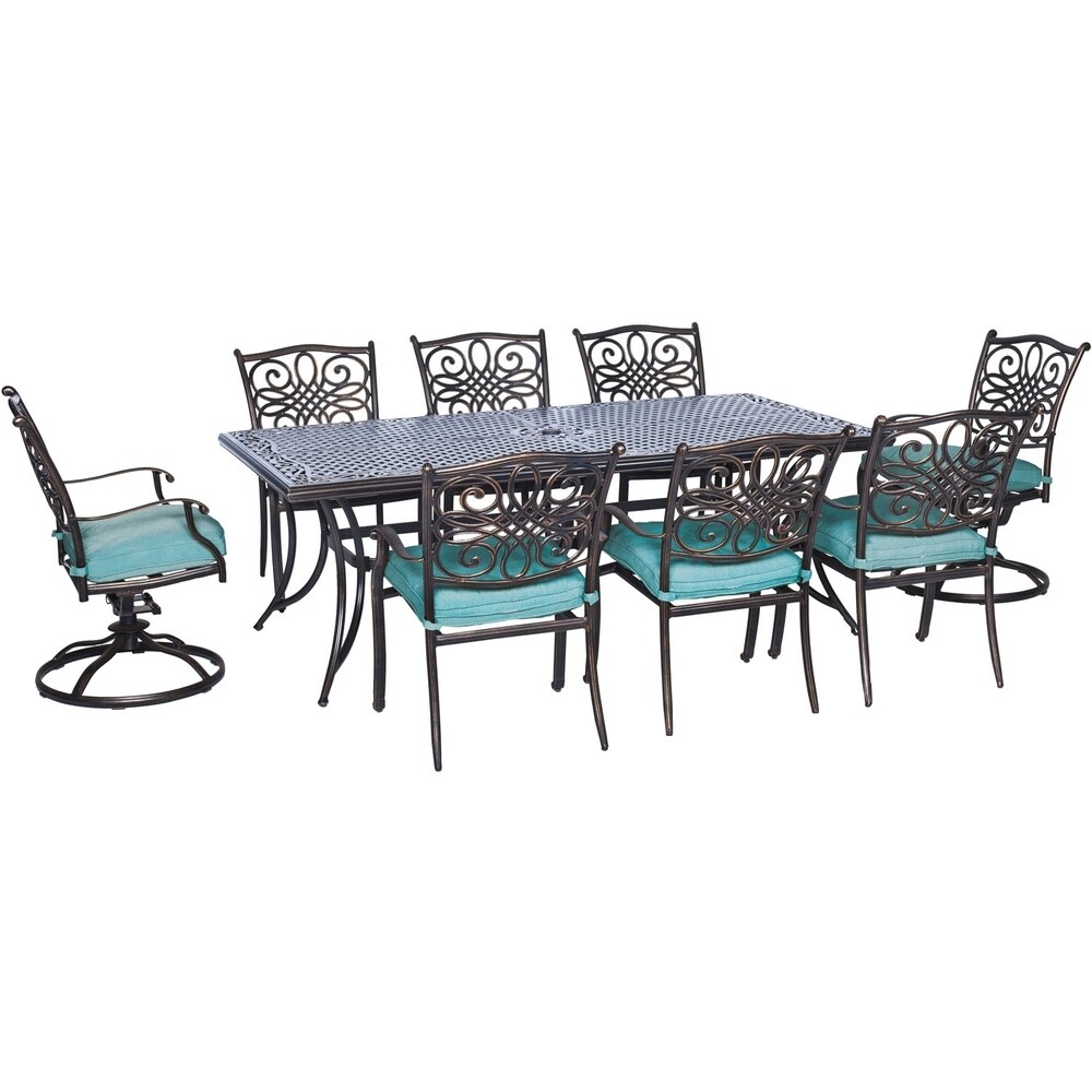 Hanover Outdoor Traditions 9 Piece Dining Set with Six Dining Chairs  Two Swivel Rockers and one Extra Long Dining Table