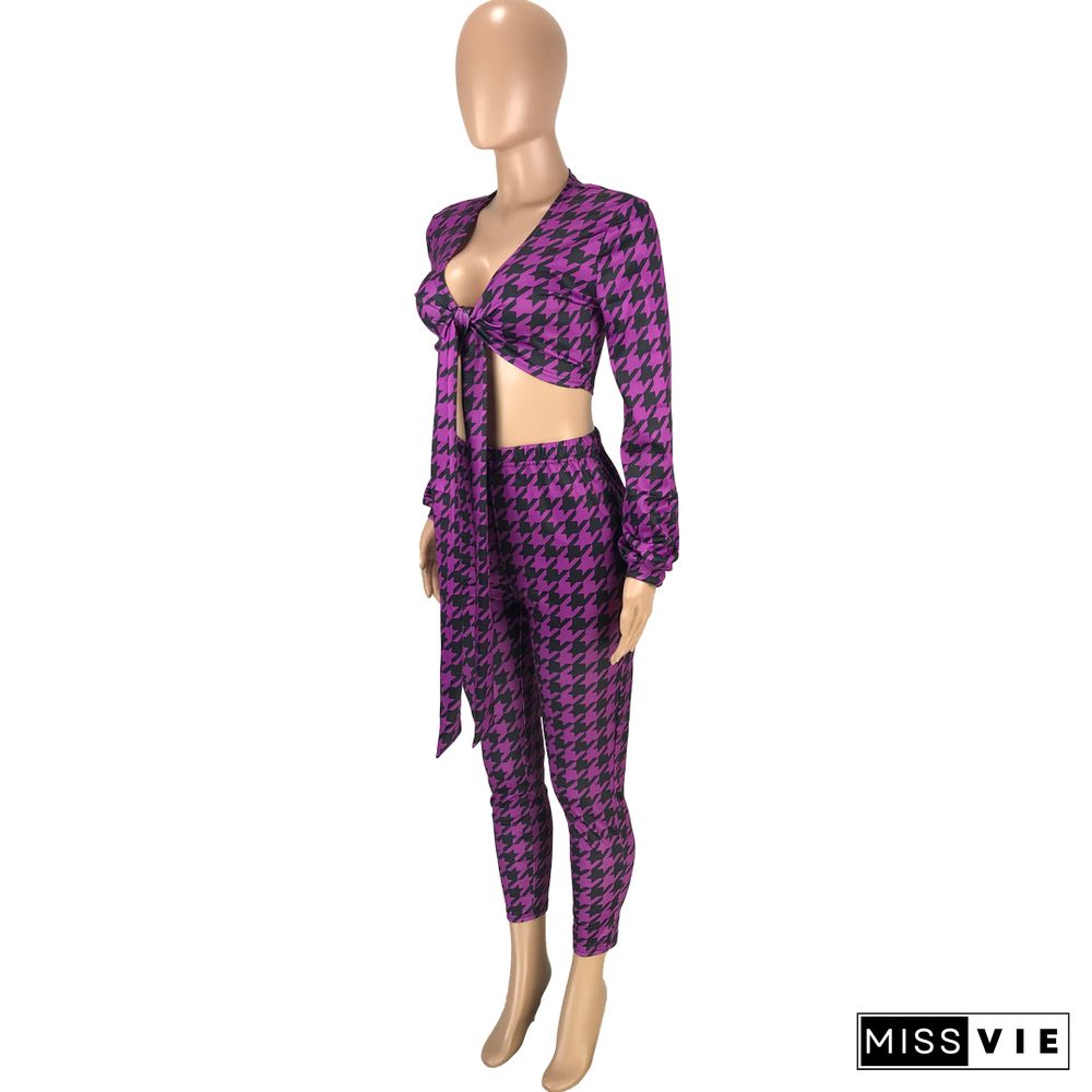 Houndstooth Print Bandage Crop Top Pants Set