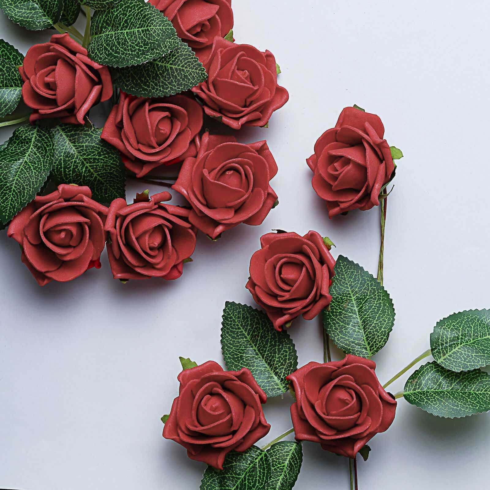 24 Roses Red Artificial Foam Flowers With Stem Wire and Leaves 2