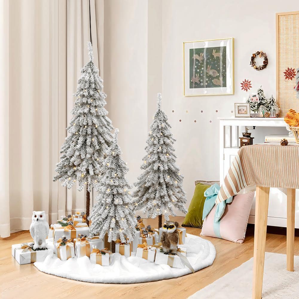 60 in. H 3-Piece Snow-Flocked Sweeping Branches Artificial Christmas Tree Set with Battery Operated Lights