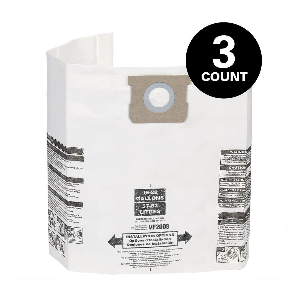 MULTI FIT 15 Gallon to 22 Gallon Dust Collection Bags for Shop-Vac Branded WetDry Shop Vacuums (3-Pack) VF2008