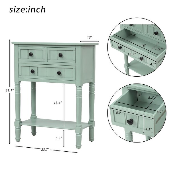 Narrow Console Table with 3 Storage Drawers and Black Round Deco Knobs， Slim Sofa Table with Bottom Shelf， Antique Blue