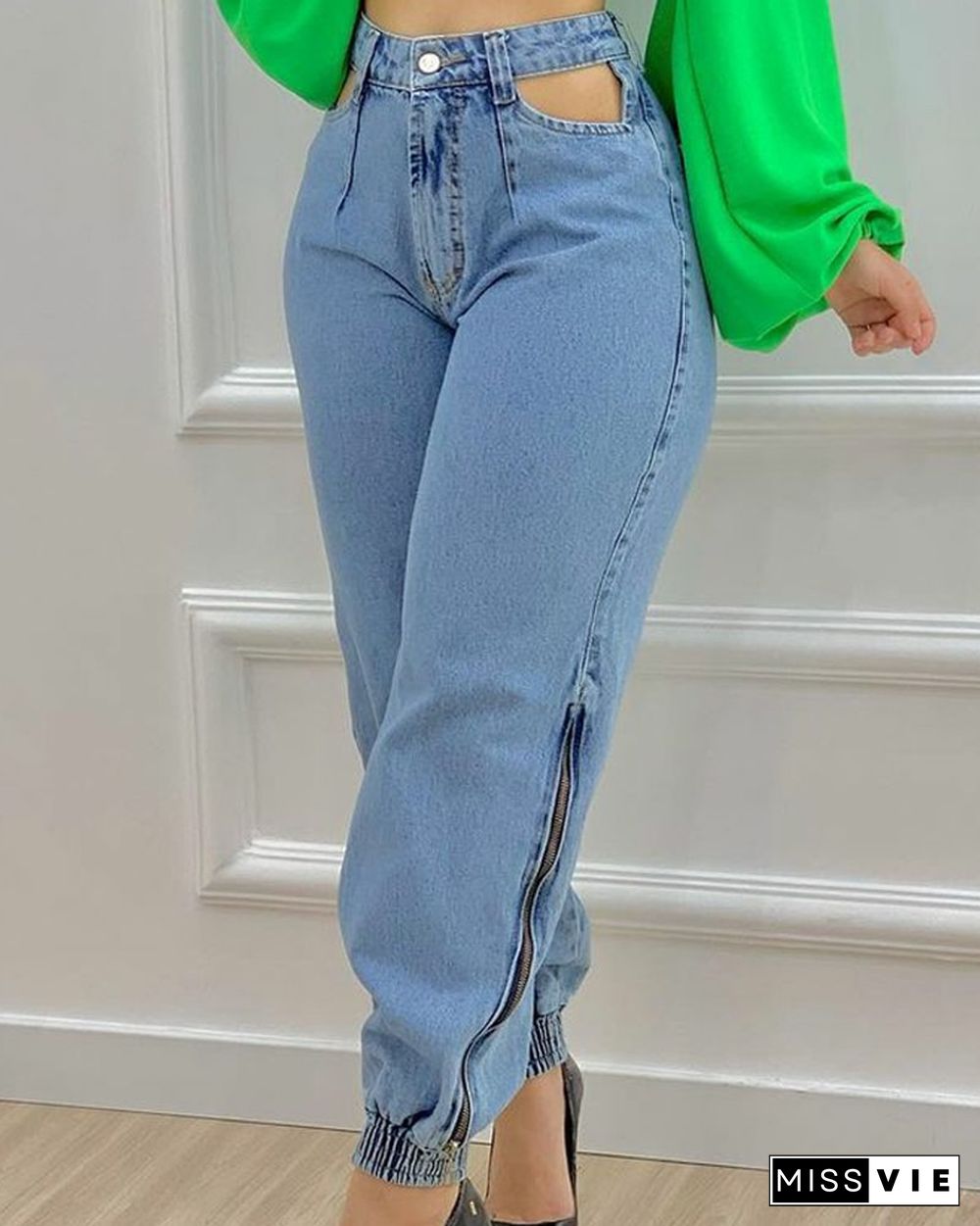 Solid High Waist Hollow-Out Side Zipper Jeans