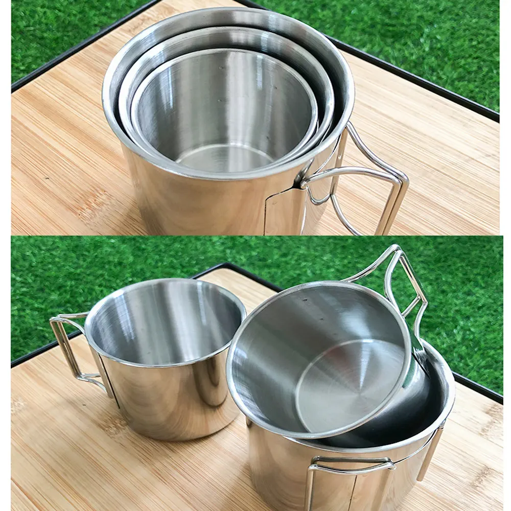 Stainless Steel 304 Outdoor Water Cup Portable  Thickening Camping Hiking Fishing Travel Beer Camping Mugs with Folding Handle