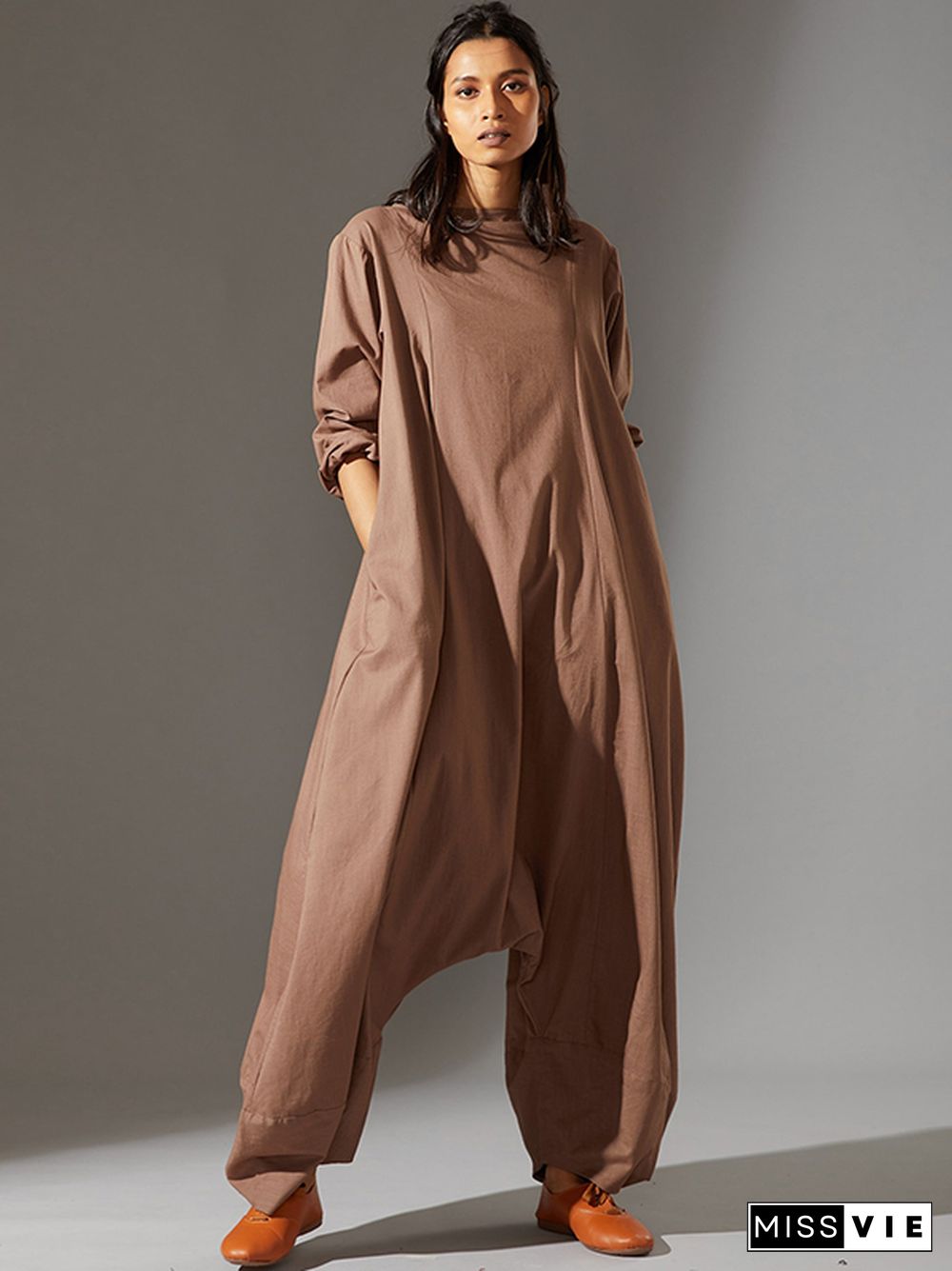 Casual Loose Long Sleeves Solid Color Boat Neck Jumpsuits