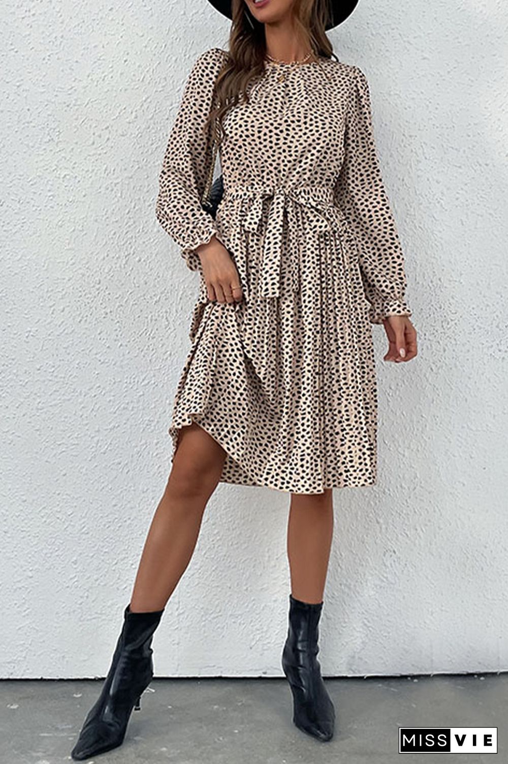 Apricot Leopard Print Pleated Ruffles Midi Dress