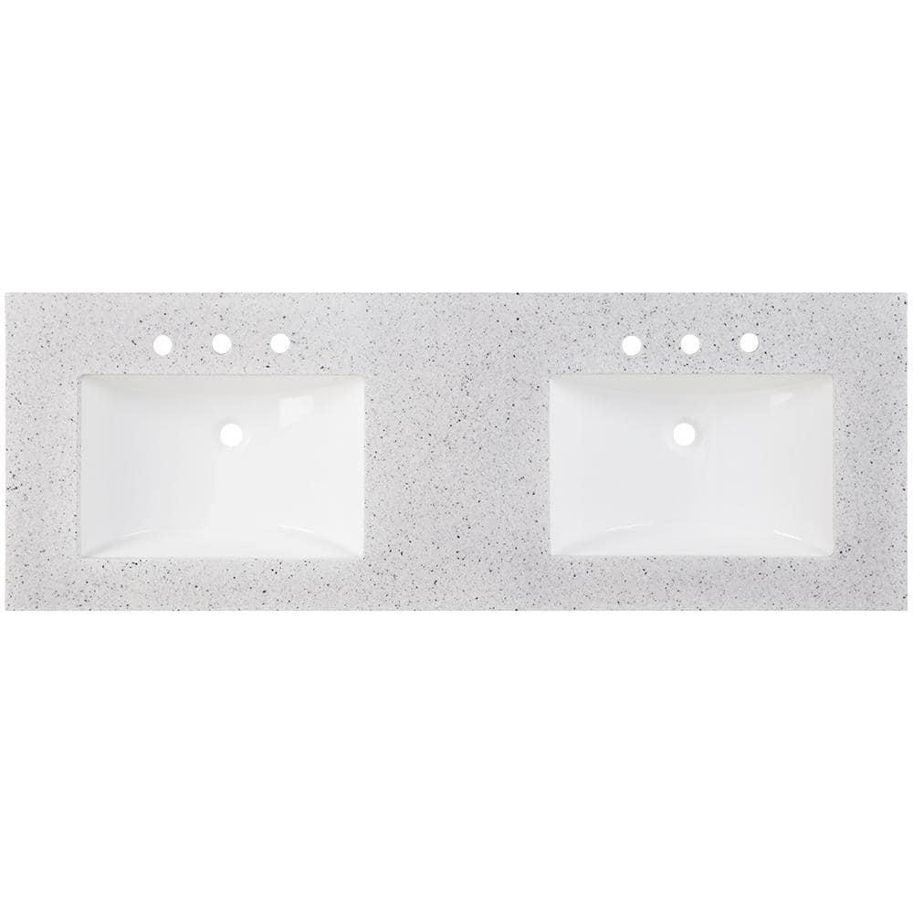 Home Decorators Collection 61 in W x 22 in D Solid Surface Technology Double Sink Vanity Top in Silver Ash with Integrated White Sinks