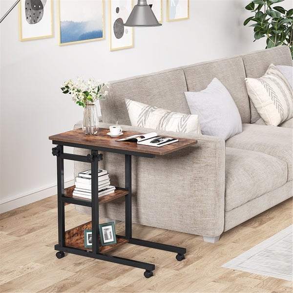 Height Adjustable C Table， Sofa Side Tables， Mobile End Table with Storage Shelves